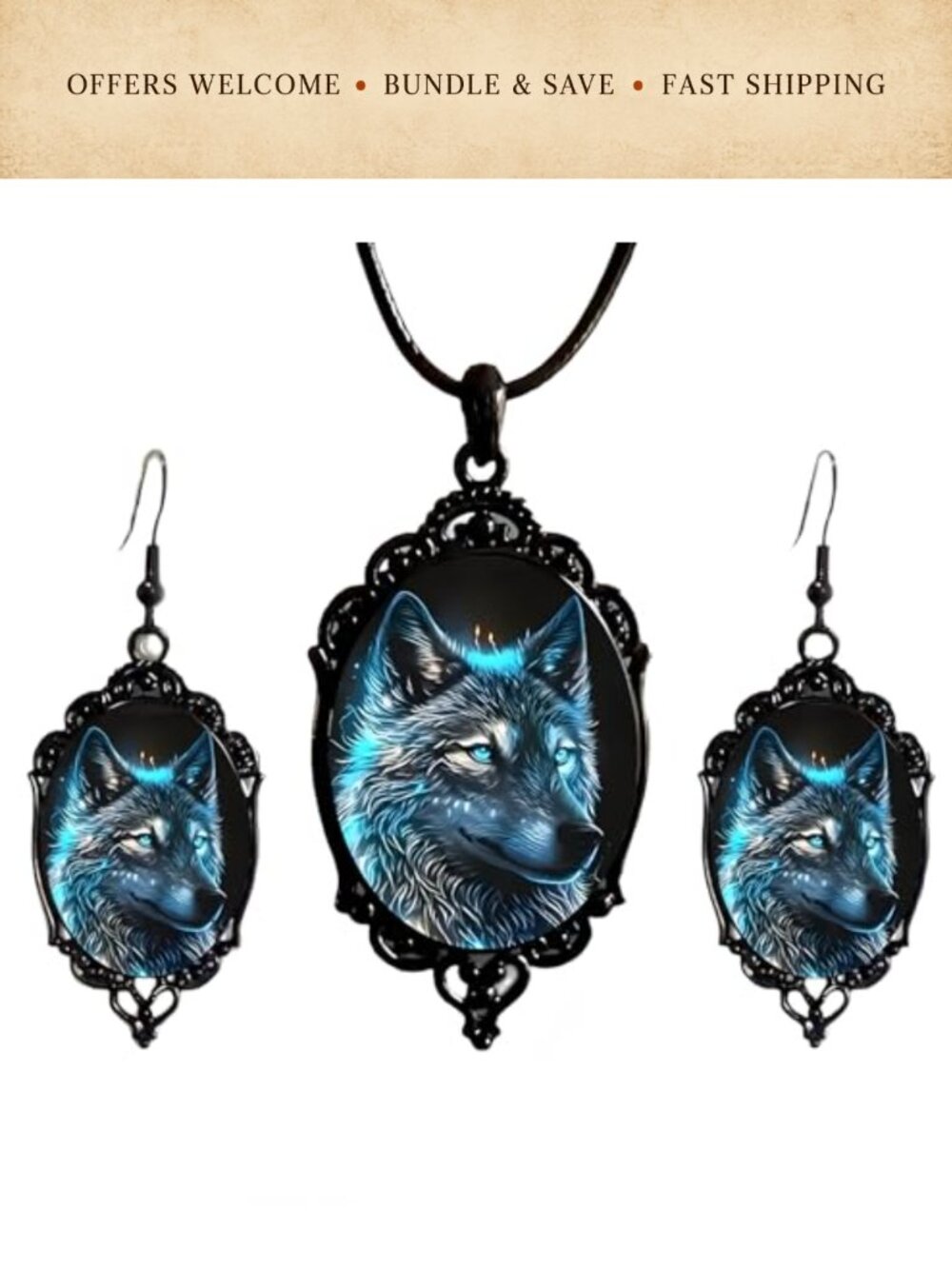 Wolf Head Pendant Necklace Gothic Black Gem Antique Silver Tone